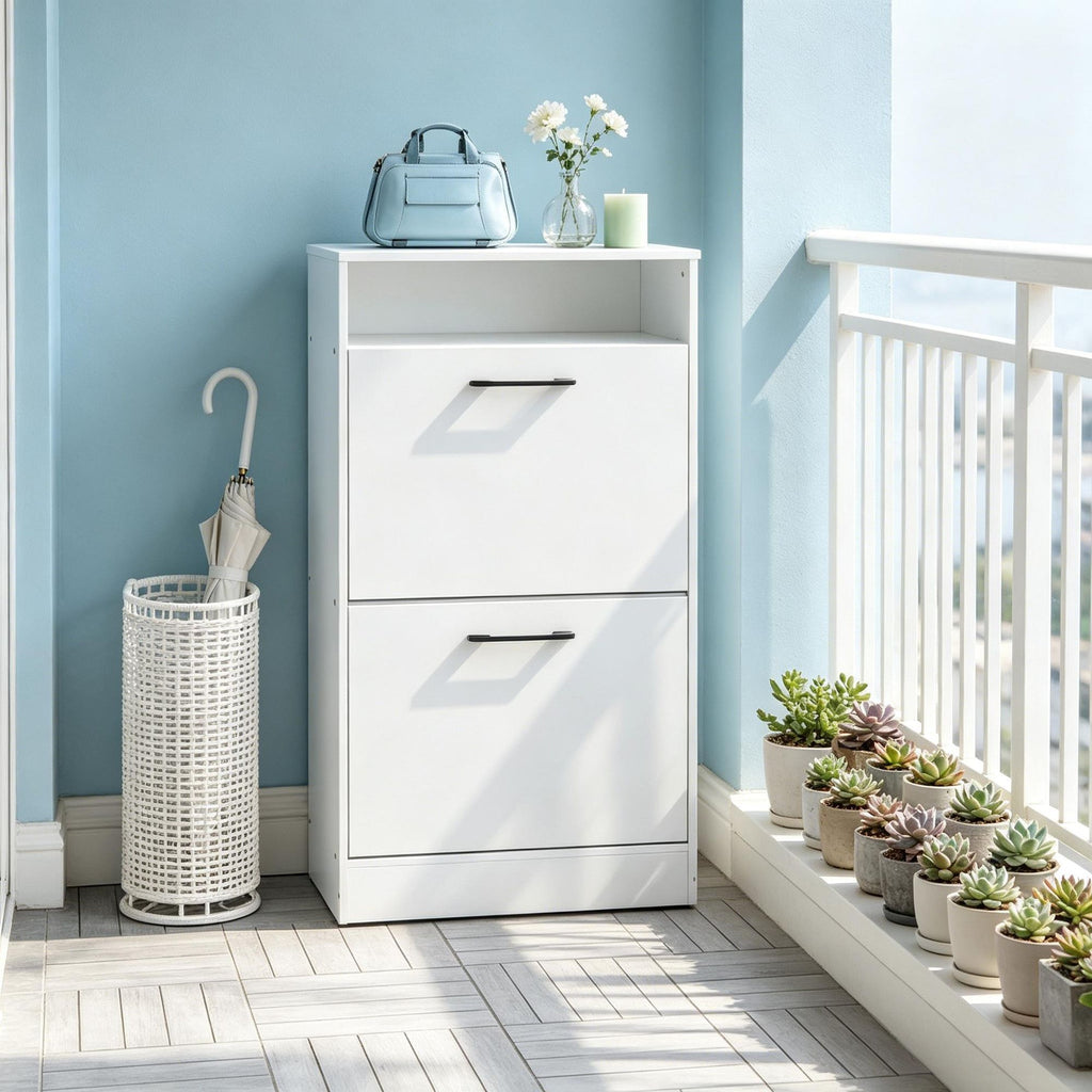 White Shoe Cabinet with 2 Flip Drawers And Adjustable Dividers Top Shelf Entryway Storage Organizer for Home