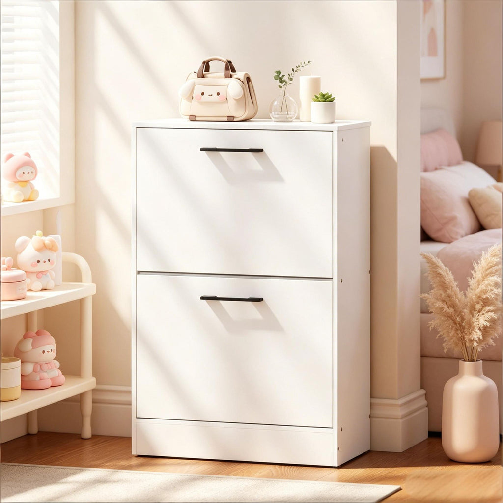 White Shoe Cabinet with 2 Flip Drawers Narrow Entryway Hallway Storage Unit Adjustable Dividers for Organization