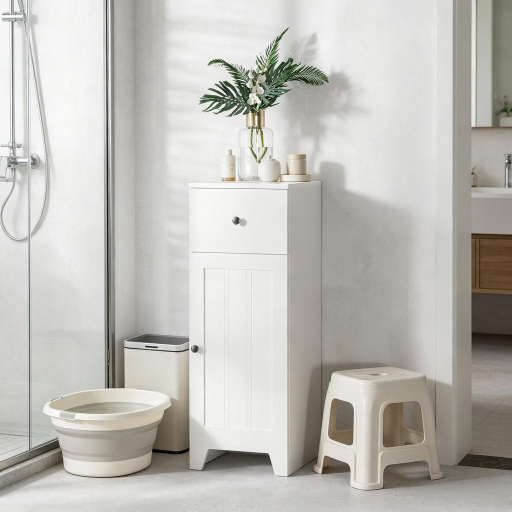 White Short Bathroom Storage Cabinet with 1 Drawer And Adjustable Shelf Cabinet Organizer