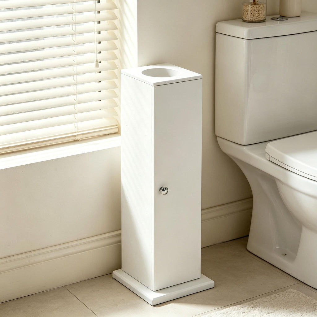 White Small Bathroom Corner Cabinet with Doors And Shelves Toilet Paper Holder Shampoo Storage Organizer