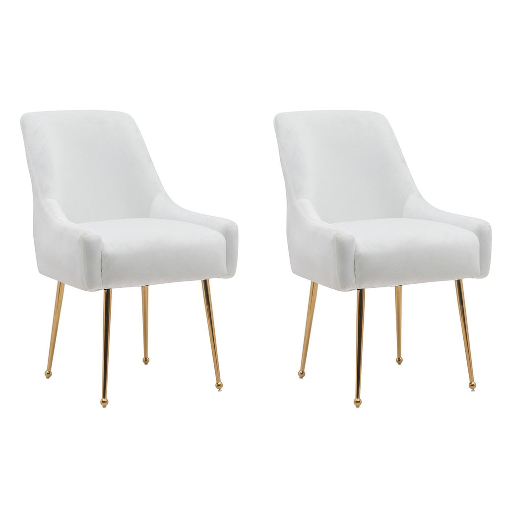 White Tufted Velvet Golden Legs Dining Chair with Pulling Handle and Adjustable Foot Nails(Set of 2)