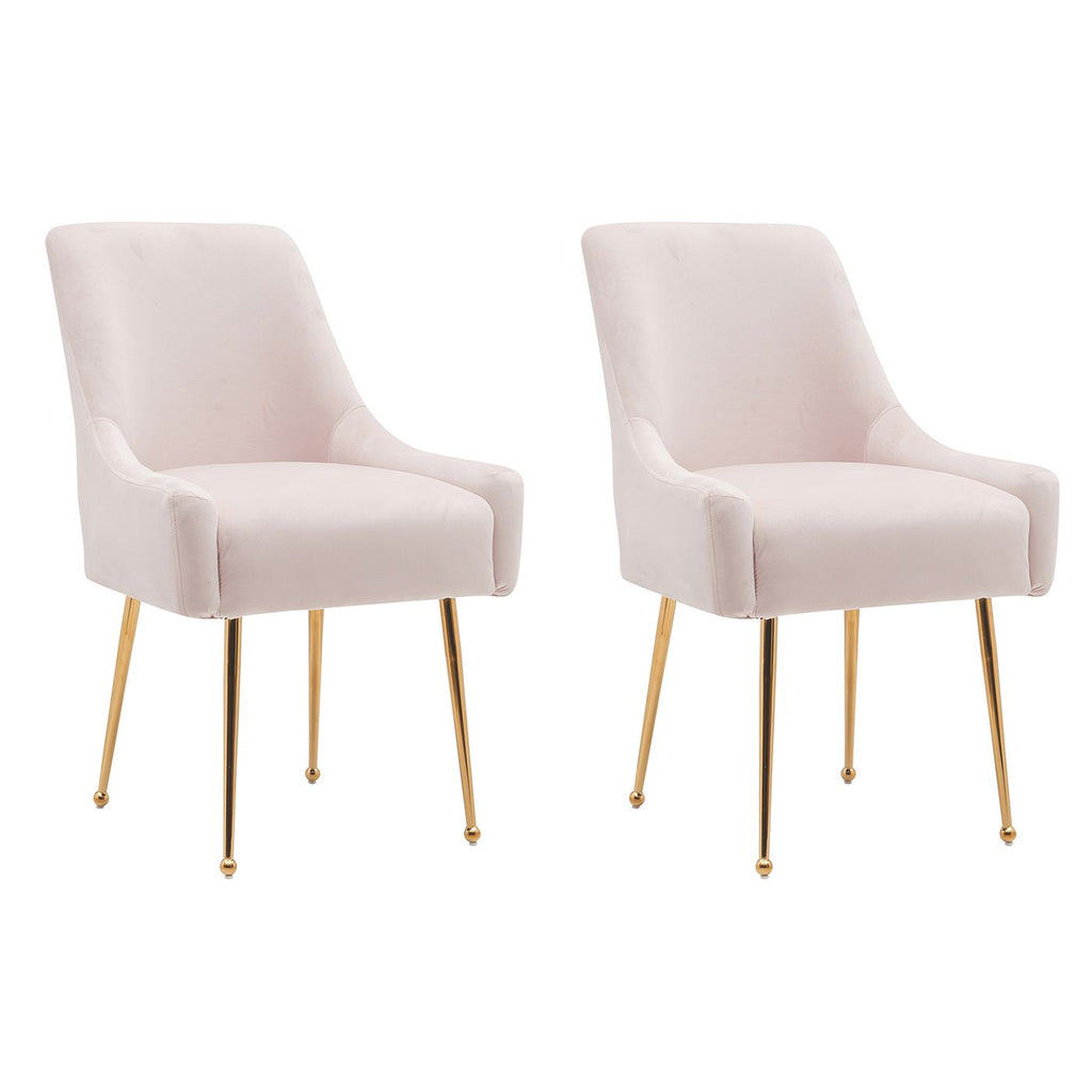 White Tufted Velvet Golden Legs Dining Chair with Pulling Handle and Adjustable Foot Nails(Set of 2)