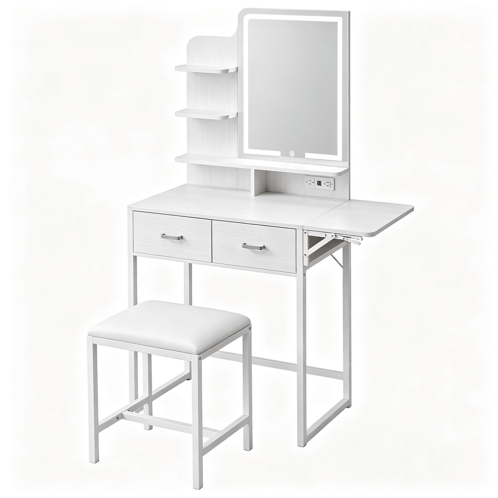 White Vanity Desk with LED Mirror, Makeup Vanity Table with 2 Drawers, Built-in Power Outlet & USB Ports, Foldable Small Vanity Table Set with Cushioned Stool and Open Storage Shelves for Bedroom