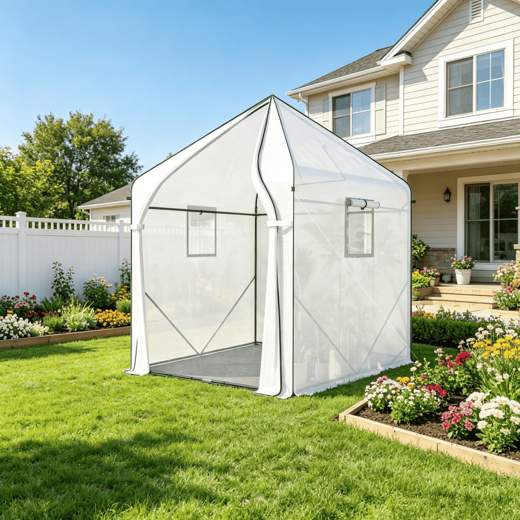 White Walk-in Greenhouse 63''x63''x78.7'' with Roll-Up Door 3 Mesh Windows PE Cover Durable Steel Frame for Gardening
