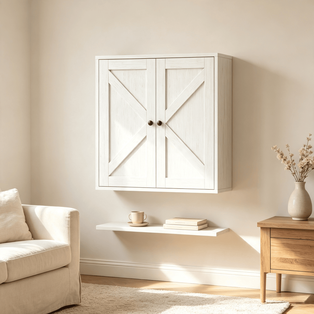 White Wood Grain Bathroom Wall Cabinet Farmhouse Style Wall Mount with 2 Shelves for Bathroom Storage