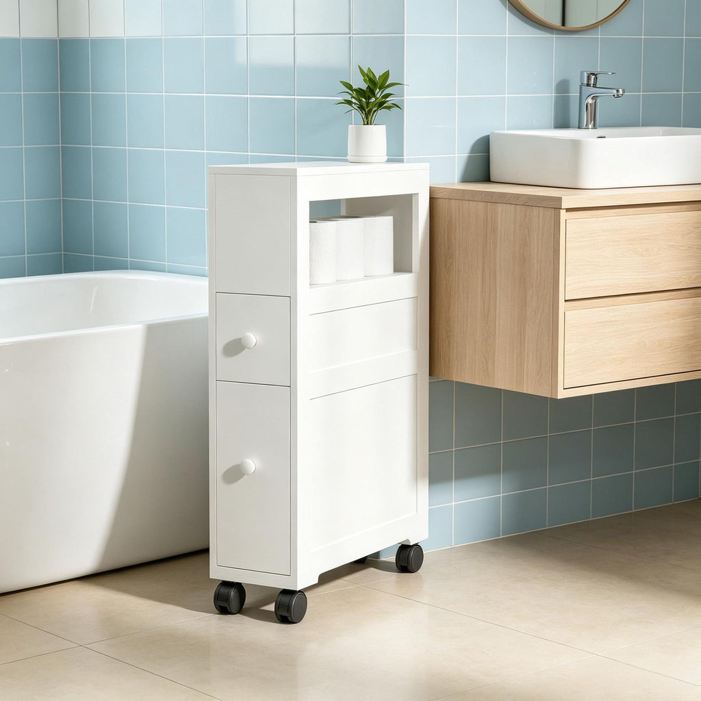White Wood Rolling Bathroom Cabinet Narrow Side Storage 6.25" X 20.5" X 28.25"