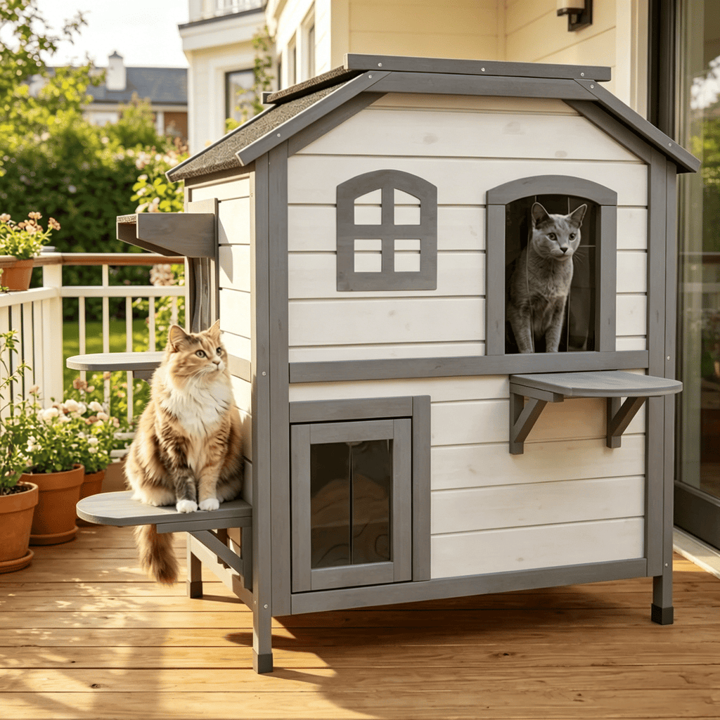 White Wooden 2-Story Outdoor Cat House Feral Cat Shelter Kitten Condo with Openable Asphalt Roof 4 Platforms