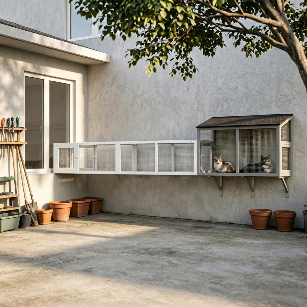 White Wooden Cat Run with Weather Protection Connecting Indoor And Outdoor 79''L X 15''W X 15''H Pet Activity Center