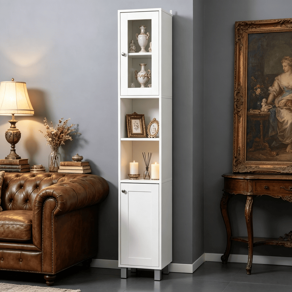 White Wooden Tall Bathroom Storage Cabinet with Mirror - Freestanding Tower with Adjustable Shelves for Bathroom And Living Room