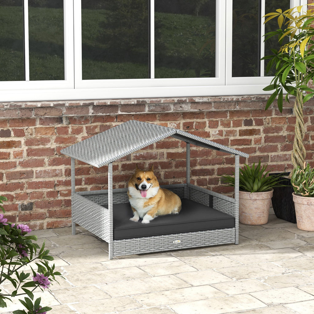 Wicker Dog House Outdoor with Canopy, Rattan Dog Bed with Water-resistant Cushion, Raised Dog Bed for Small, Medium Dogs up to 66 lbs, 19.75" in Length, Silver Wicker, Gray Cushion