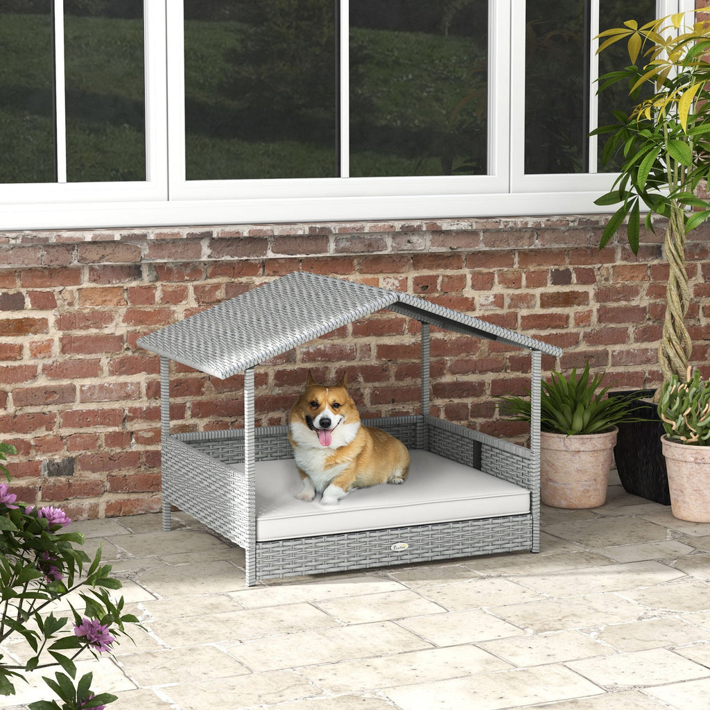 Wicker Dog House Outdoor with Canopy, Rattan Dog Bed with Water-resistant Cushion, Raised Dog Bed for Small, Medium Dogs up to 66 lbs, 19.75" in Length, Silver Wicker, White Cushion
