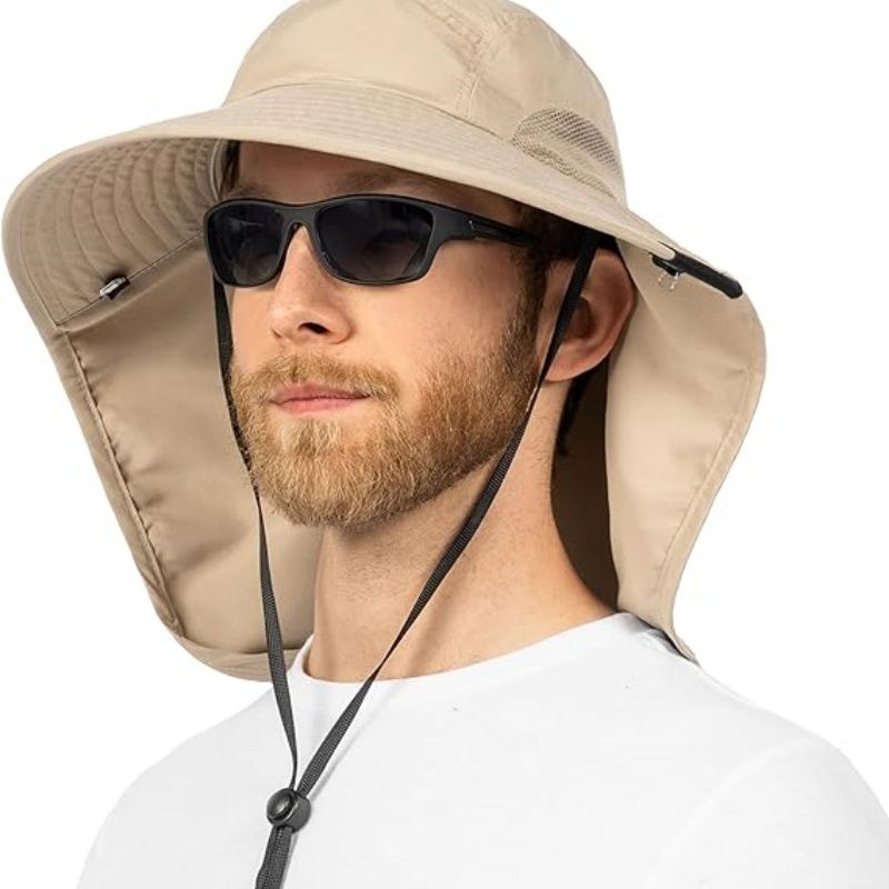 Wide Brim Sun Hat with Neck Flap, UPF50+ Hiking Safari Fishing Hat for Men Women, Sun Protection Beach Hat
