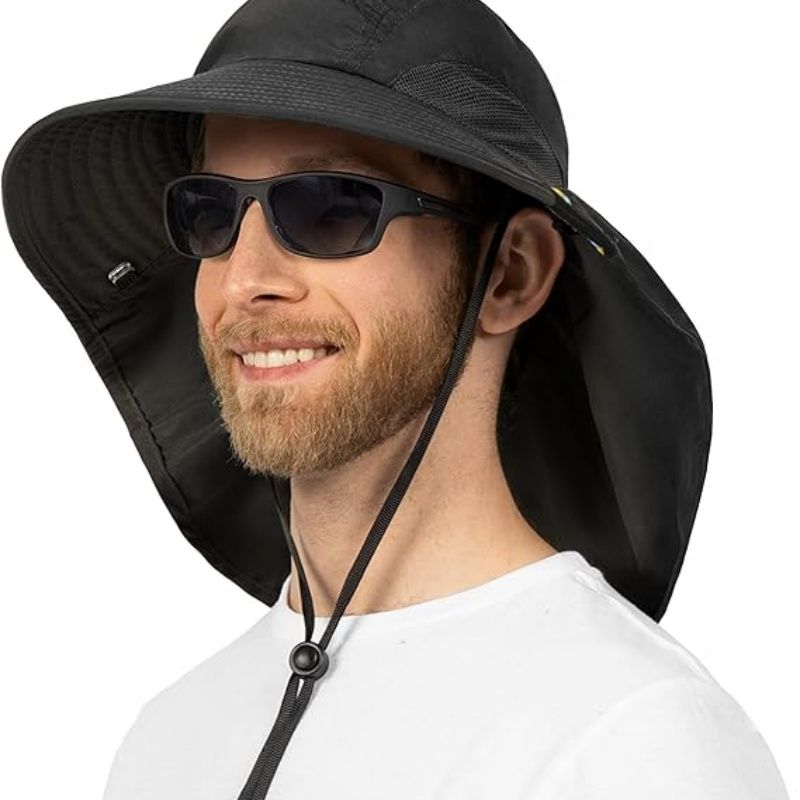Wide Brim Sun Hat with Neck Flap, UPF50+ Hiking Safari Fishing Hat for Men Women, Sun Protection Beach Hat