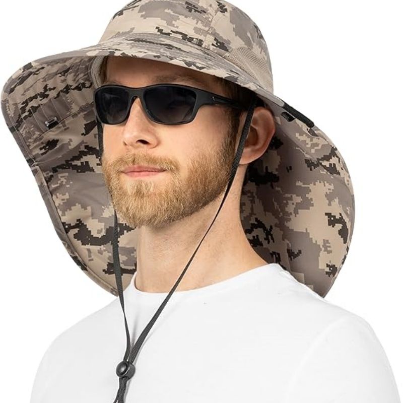 Wide Brim Sun Hat with Neck Flap, UPF50+ Hiking Safari Fishing Hat for Men Women, Sun Protection Beach Hat