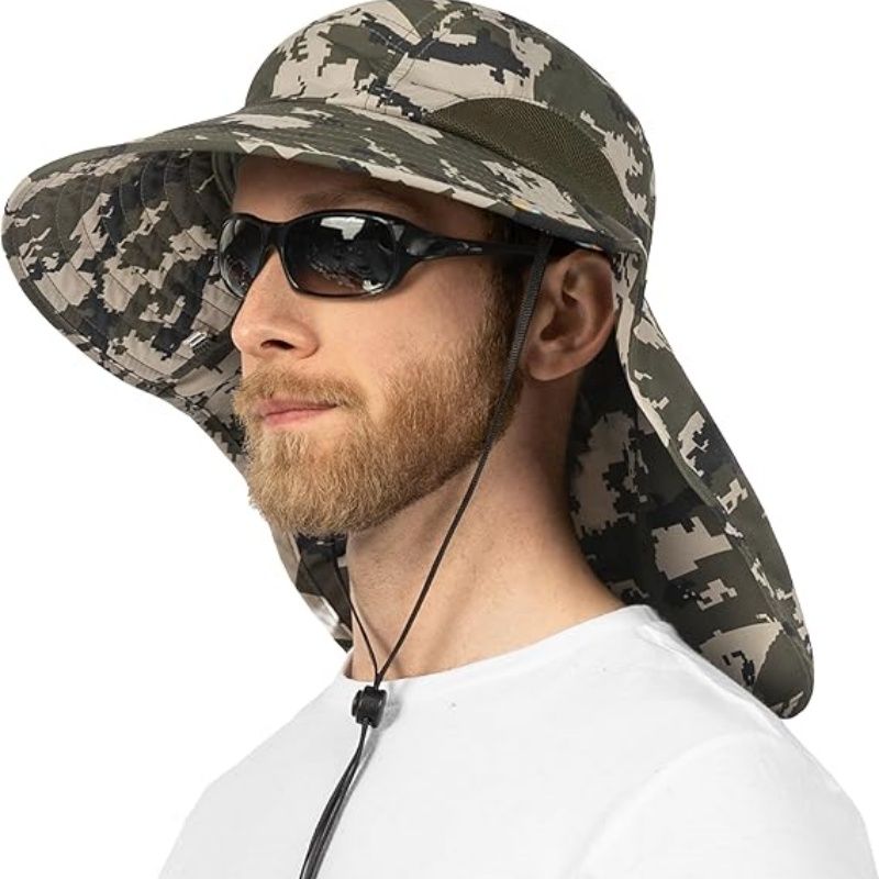 Wide Brim Sun Hat with Neck Flap, UPF50+ Hiking Safari Fishing Hat for Men Women, Sun Protection Beach Hat
