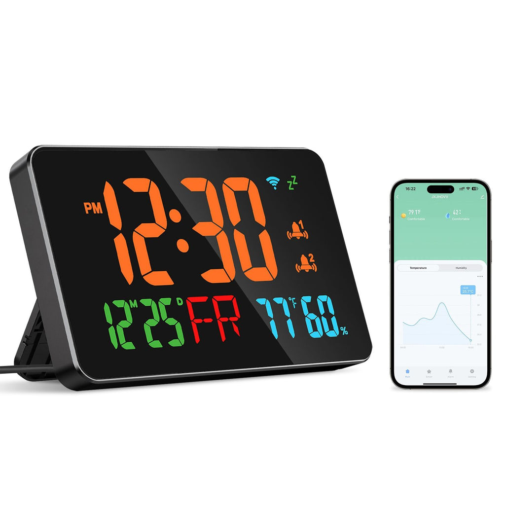 WiFi Auto Set Alarm Clock LED Digital Clock With 2 Alarm Setting Snooze 4 Brightness Levels Auto Light Sensing Temperature Humidify Monitor App Control