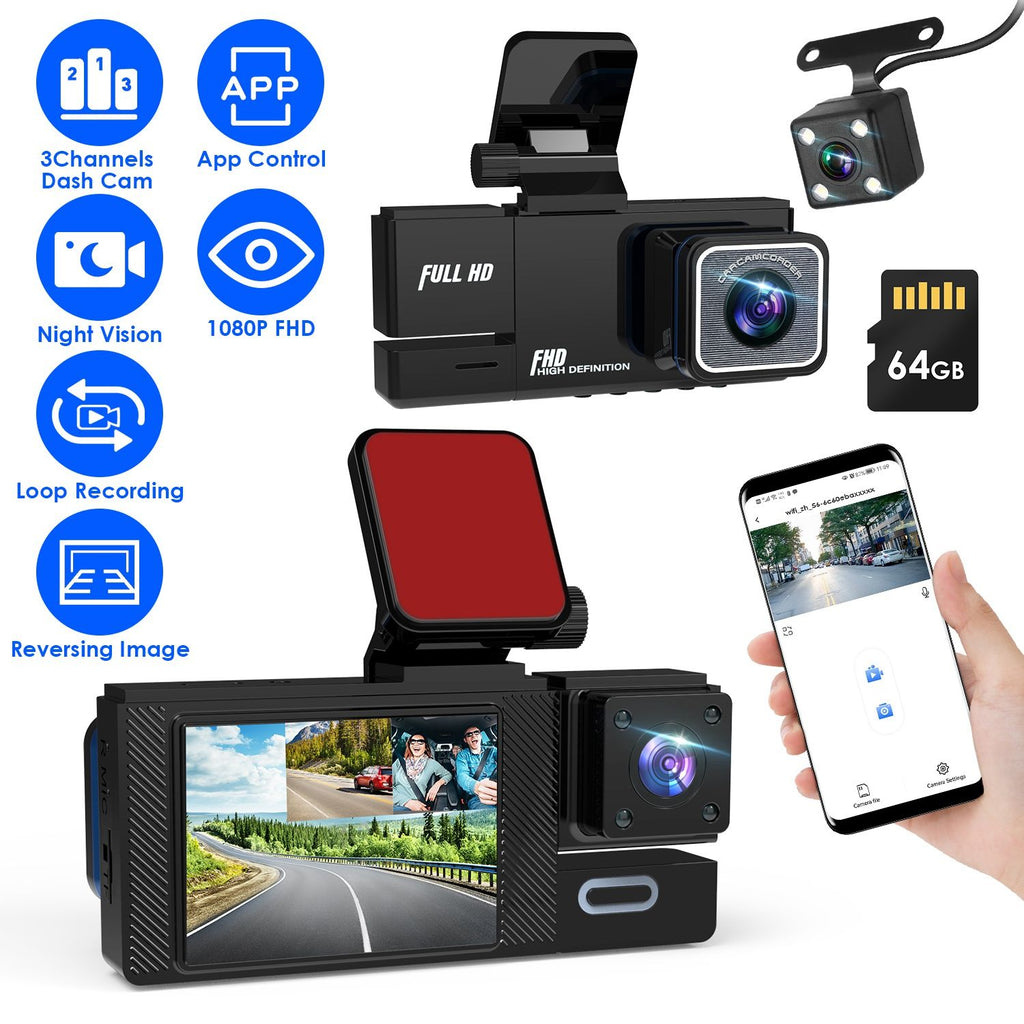 WiFi FHD 1080P Car Dash Cam 3 Channels Front Rear Inside Dash Camera with Loop Recording Reversing Image Night Vision 170° Wide Angle Support 64G MMC Card Included GPCT5431