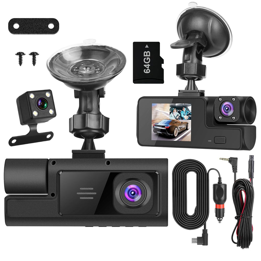 WiFi FHD 1080P Car Dash Cam 3 Channels Front Rear Inside Dash Camera with Loop Recording Reversing Visual 170° Wide Angle 64G Card Included