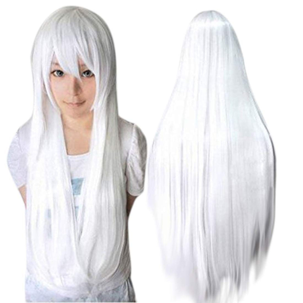 Wig Cap+32 In/ 80 cm Long White Wig White Cosplay Wigs, Straight Whitish Synthetic Wig with Bangs for Anime Cosplay, Peluca Blanca Long Straight Wigs for Halloween Costume Party