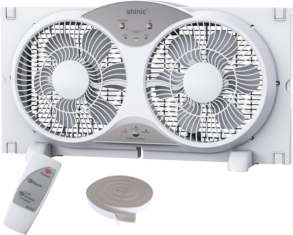 Window Fan with Reversible Airflow Quiet, Twin 9" Blades, Full Remote Control, 3 Functions-3 Speeds, Bathroom Kitchen Window Exhaust Fan, Width Adjustable (From 23.5" to 37") ETL Certified