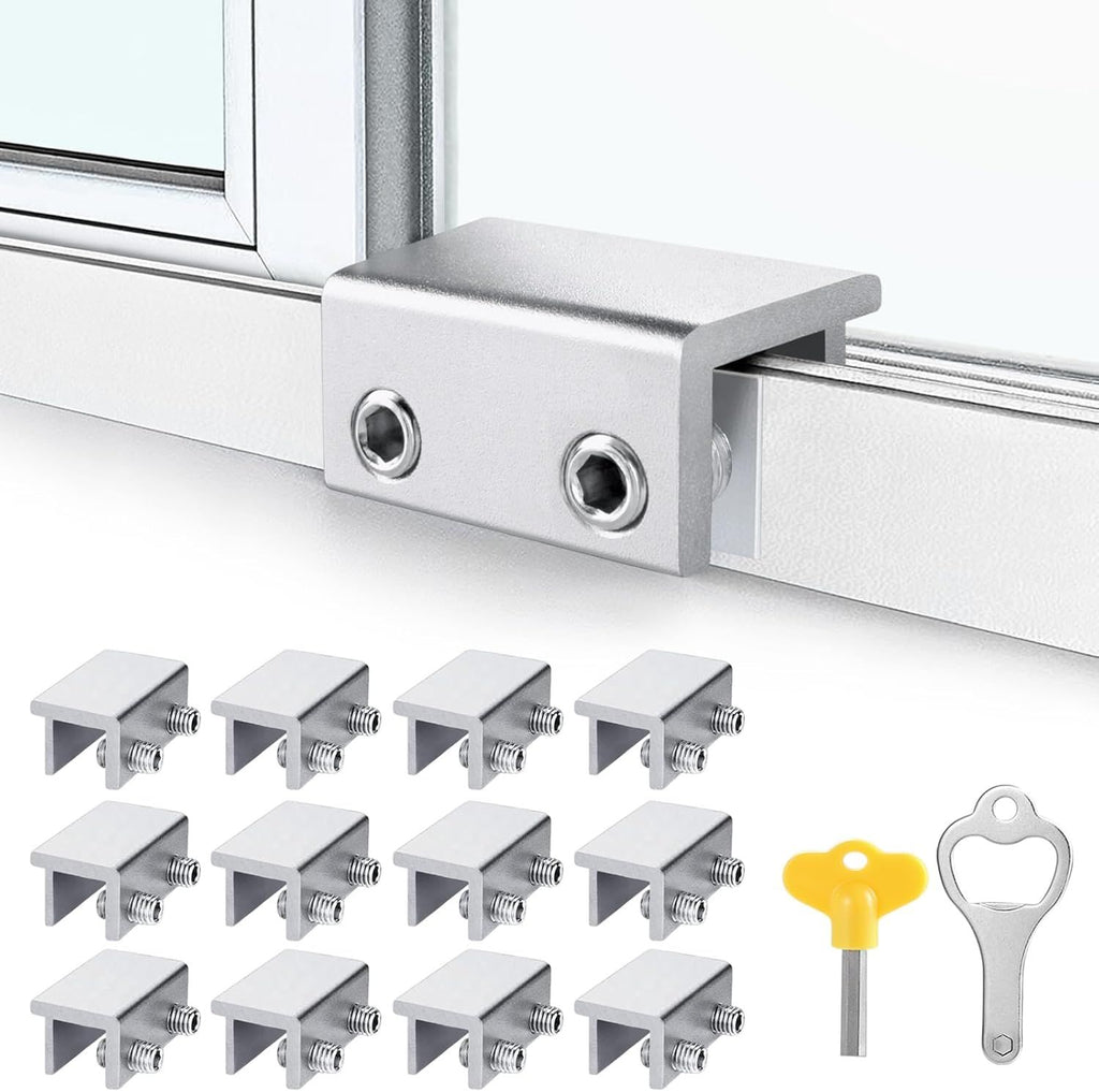 Window Locks,12 Pack Sliding Window Locks with Key for Vertical & Horizontal Sliding Windows Doors,Easv to Install,Adjustable Security Window Lock for Patio Bedroom Home and Office (Silver)