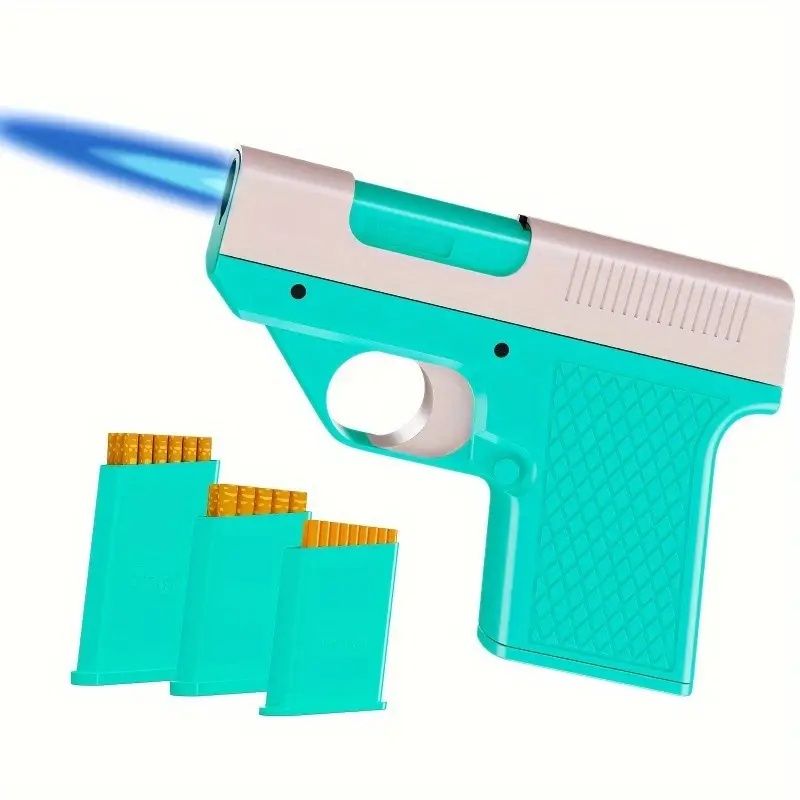 Windproof adjustable flame lighter - Portable liquid gas filling igniter, zinc alloy shell, light green and pink handle, suitable for camping, barbecue and baking (no battery required)