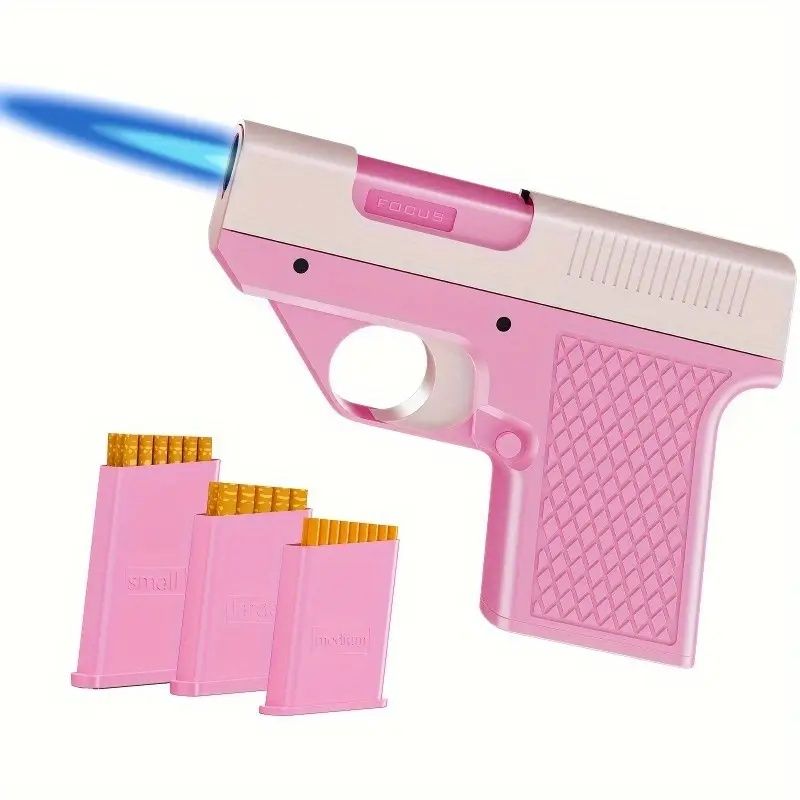 Windproof adjustable flame lighter - Portable liquid gas filling igniter, zinc alloy shell, light green and pink handle, suitable for camping, barbecue and baking (no battery required)