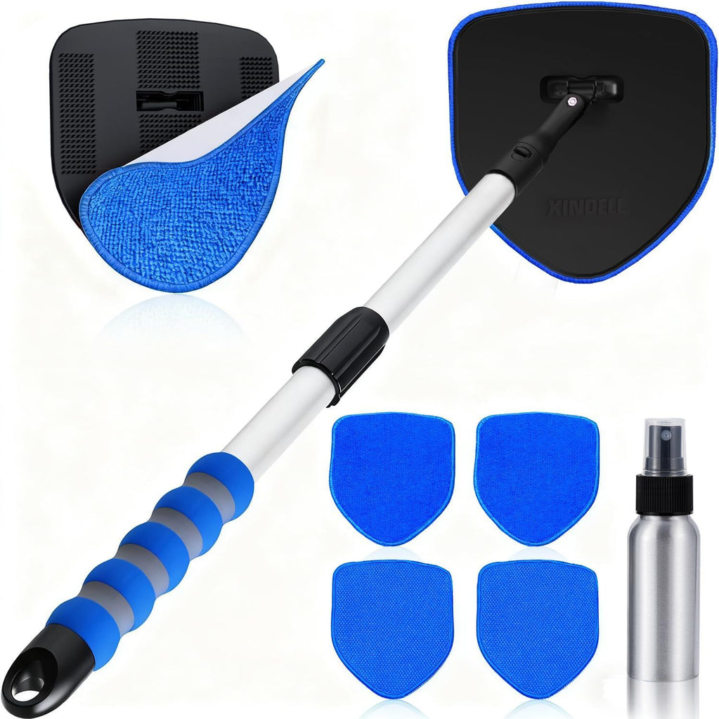 Windshield Cleaner Tool, Car Interior Glass Cleaning Kit with 360° Rotating Head and Extendable Handle, Reusable Microfiber Pads, Auto Detailing Windshield Cleaning Tool for Cars Trucks - Blue