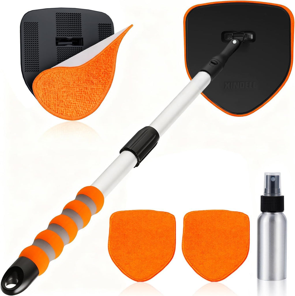 Windshield Cleaner Tool, Car Interior Glass Cleaning Kit with 360° Rotating Head Extendable Handle, Reusable Microfiber Pads, Auto Detailing Windshield Cleaning Tool for Cars Trucks -Orange