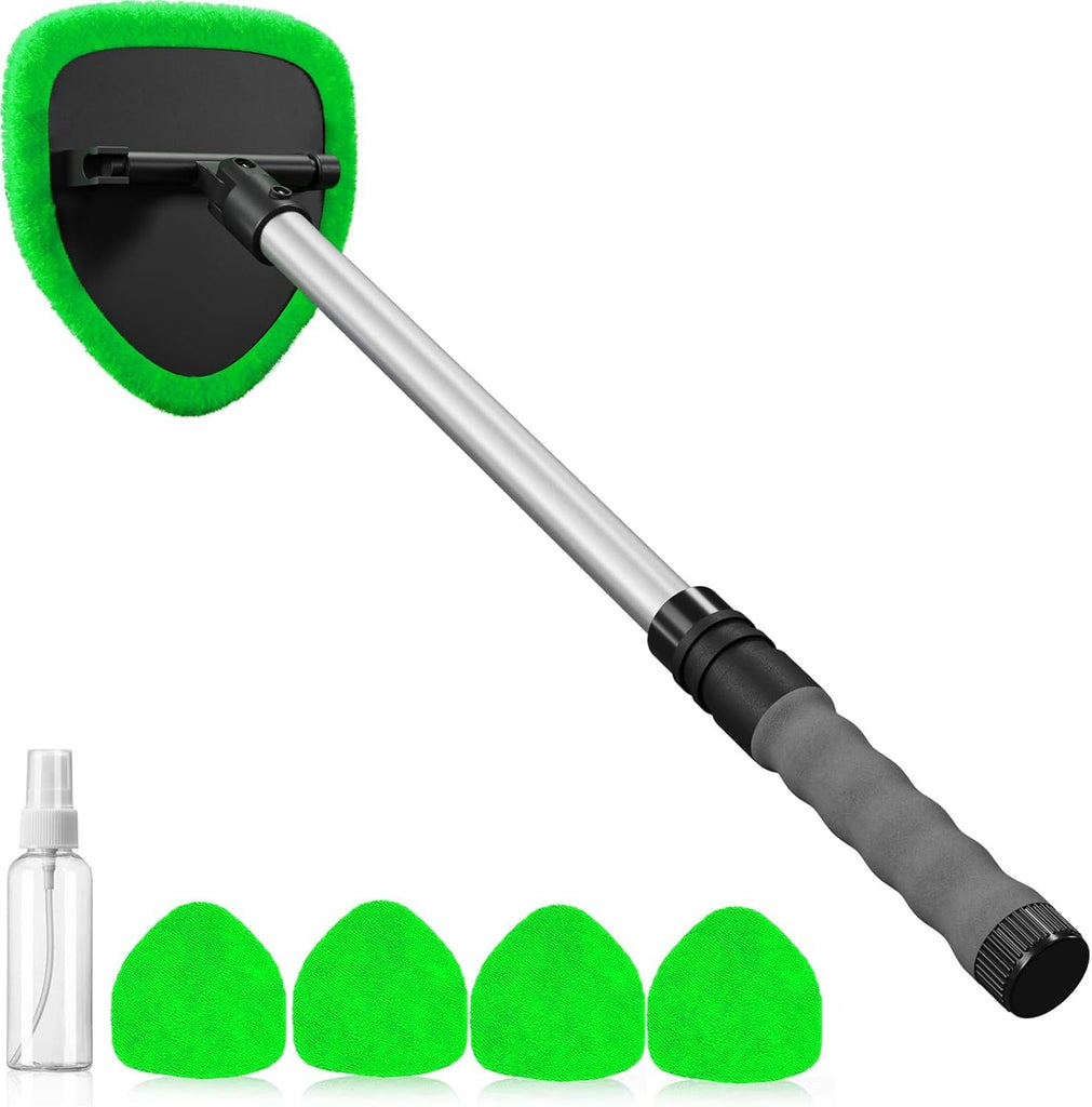 Windshield Cleaning Tool, Car Window Cleaner Windshield Cleaner with 4 Reusable and Washable Microfiber Pads and Extendable Handle Auto Inside Glass Wiper Kit (Green)