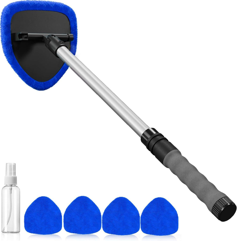 Windshield Cleaning Tool, Car Window Cleaner Windshield Cleaner with 4 Reusable and Washable Microfiber Pads and Extendable Handle Auto Inside Glass Wiper Kit