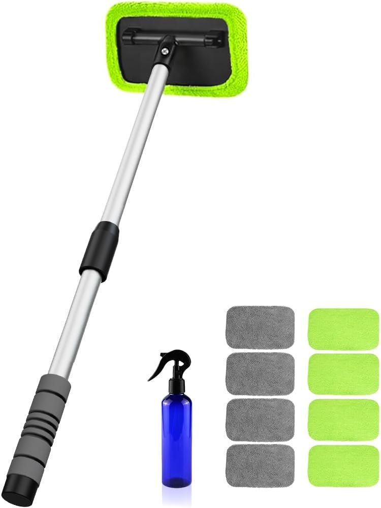 Windshield Cleaning Tool for Car – 27inch Extendable Handle Window Cleaner with Reusable Microfiber Pads, Streak-Free Interior & Exterior Auto Glass Cleaner (Green)