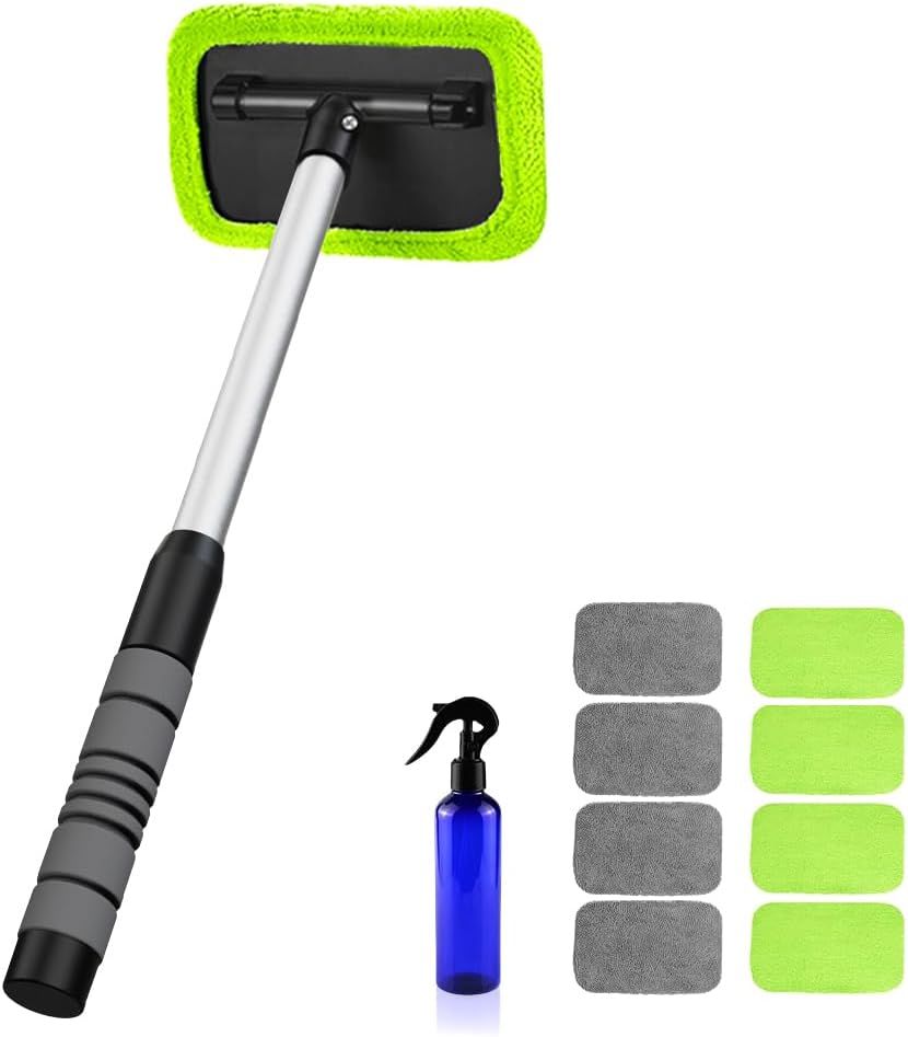 Windshield Cleaning Tool for Car – Extendable Handle Window Cleaner with Reusable Microfiber Pads, Streak-Free Interior & Exterior Auto Glass Cleaner (Green)