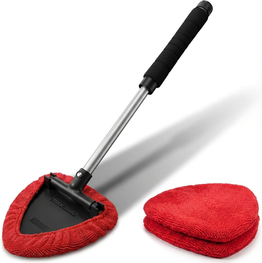 Windshield Window Cleaner Tool, Extendable Long-Reach Handle, Unique Pivoting Triangular Head, 3 Washable Reusable Microfiber Bonnets, Car & Home Inside Interior Exterior Use - Lint Free (Red)
