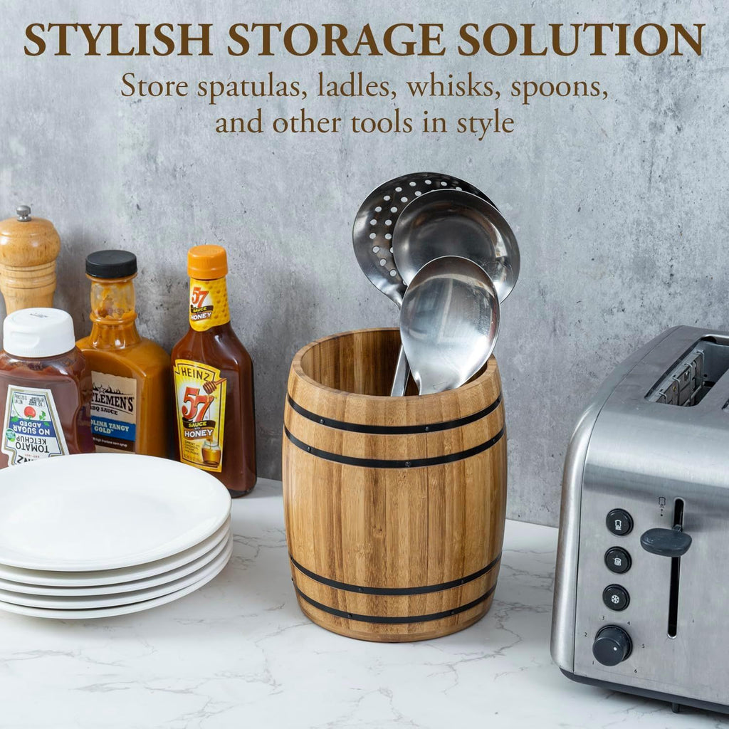 Wine Barrel Design Kitchen Utensil Crock, Light Brown Solid Bamboo Wood Cooking Tool Holder