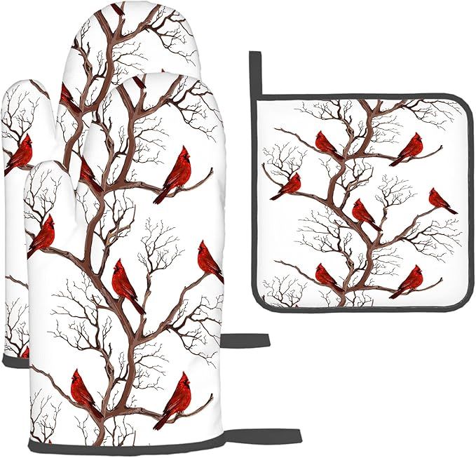 Winter Cardinal Birds Oven Mitts and Pot Holders Sets of 3 Kitchen Hot Pads Oven Gloves Heat Resistant Non Slip Washable for Cooking Grilling Baking Christmas Holiday Kitchen Decor