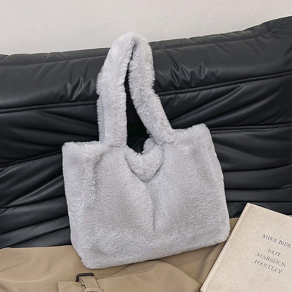 Winter Fuzzy Faux Fur Tote Bag, Cute Heart Decor Large Plush Shoulder Handbag, Soft Fluffy Oversized Shopping Bag for Women Daily School
