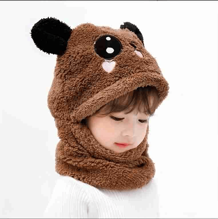 Winter One Piece Hat and Scarf, Unisex Warm Fleece Hat Neck Warmer Hood Cap with Bear Ears