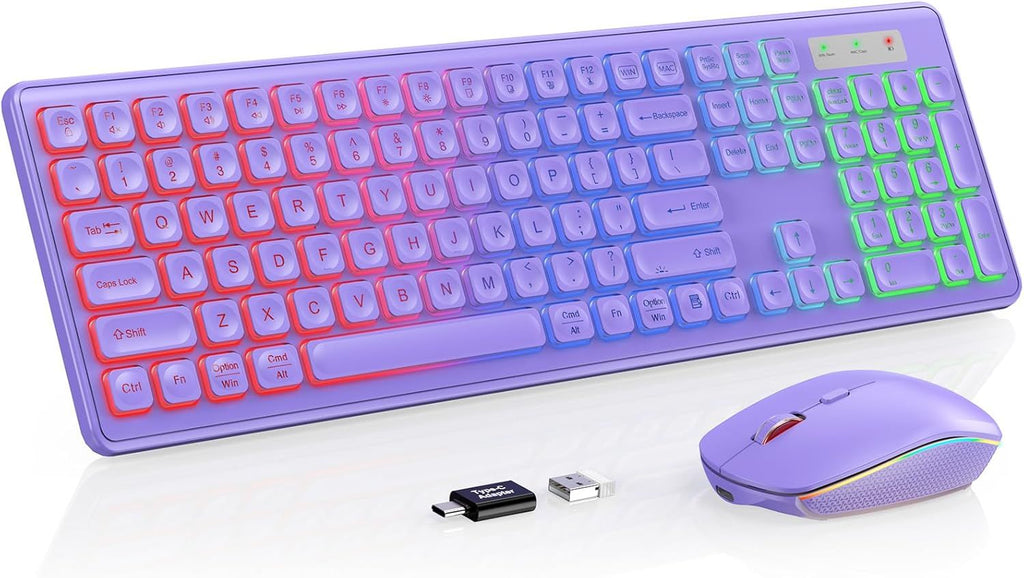 Wireless Keyboard and Mouse Combo, RGB Backlit, Rechargeable & Light Up Letters, Full-Size, Soft Typing, Sleep Mode, 2.4GHz Quiet Keyboard Set for Mac, Windows, Laptop, PC, Trueque (Purple)