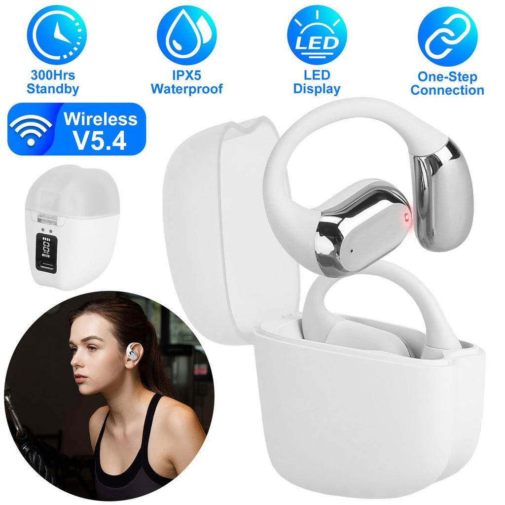 Wireless V5.4 Open Ear Earbuds with Earhook LED Display Charging Case IPX5 Waterproof 300Hrs Standby Time Touch Control Stereo Sport Headphones for Workout Running