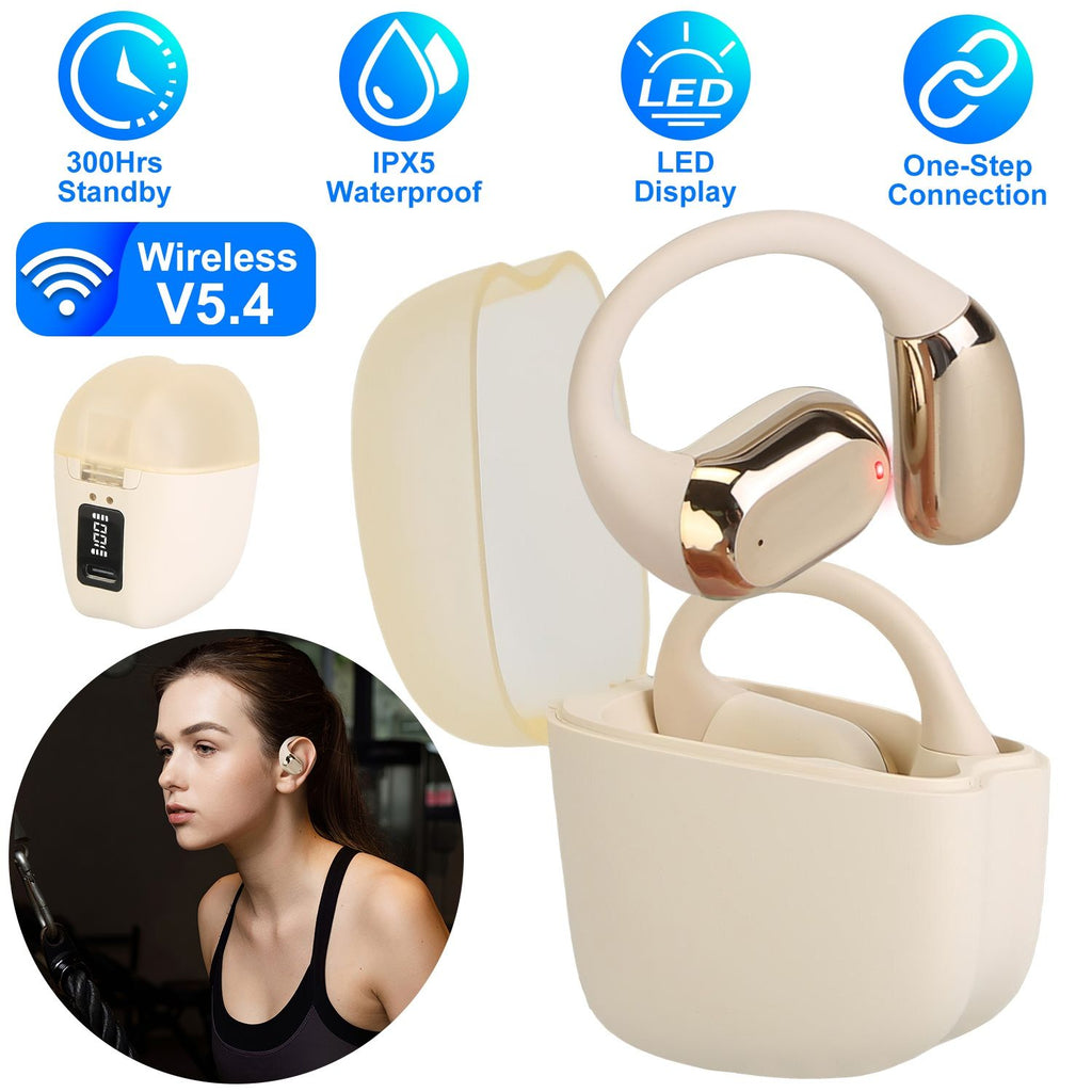 Wireless V5.4 Open Ear Earbuds with Earhook LED Display Charging Case IPX5 Waterproof 300Hrs Standby Time Touch Control Stereo Sport Headphones for Workout Running