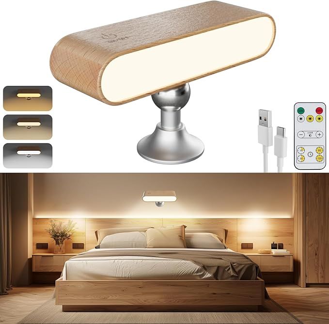 Wireless Wall Sconces [with Remote], Rechargeable Wooden Wall Lights Battery Operated Wall Sconce, 3 Color Temps Dimmable & 360° Rotatable, Magnetic Wall Mount Light for Bedroom, Living Room
