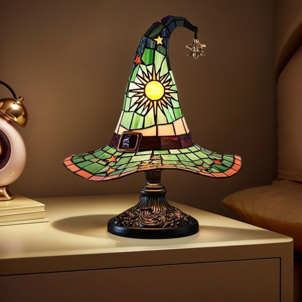 Witch Hat Lamps, Handcrafted Stained Glass Resin Wizard Hat Light Gothic Table Lamp for Halloween Decor, Spooky Night Light for Bedroom and Indoor Parties, Unique Wiccan Gift