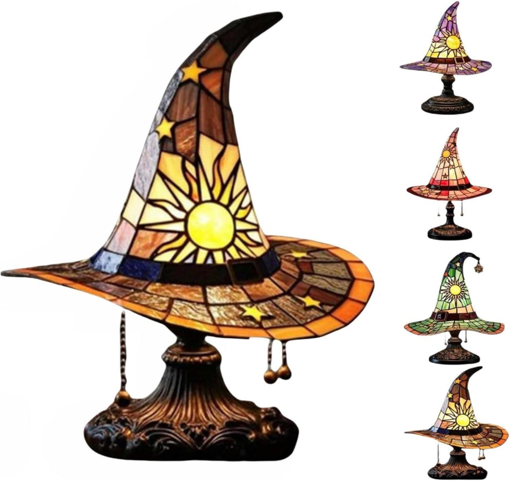Witch Hat Lamps, Handcrafted Stained Glass Resin Wizard Hat Light Gothic Table Lamp for Halloween Decor, Spooky Night Light for Bedroom and Indoor Parties, Unique Wiccan Gift