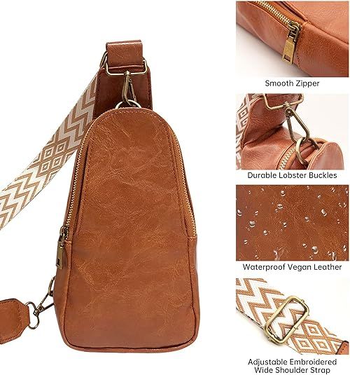 Women Chest Bag Sling Bag, Guitar Strap Small Crossbody PU Leather Satchel Daypack