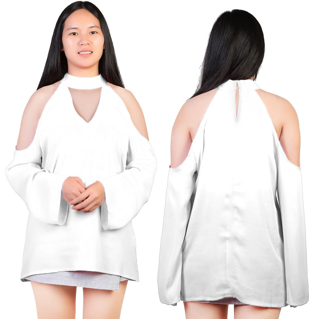 Women's Sexy Off The Shoulder Blouses Cold Shoulder Tops V-Neck Long Sleeve T-Shirt Solid Color Summer