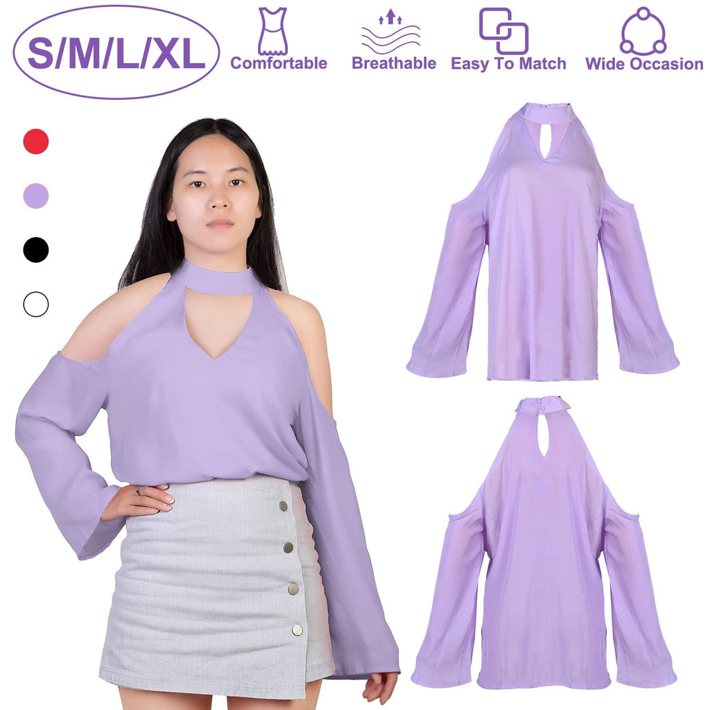 Women's Sexy Off The Shoulder Blouses Cold Shoulder Tops V-Neck Long Sleeve T-Shirt Solid Color Summer