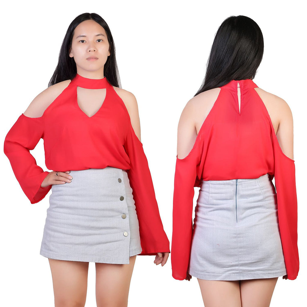Women's Sexy Off The Shoulder Blouses Cold Shoulder Tops V-Neck Long Sleeve T-Shirt Solid Color Summer