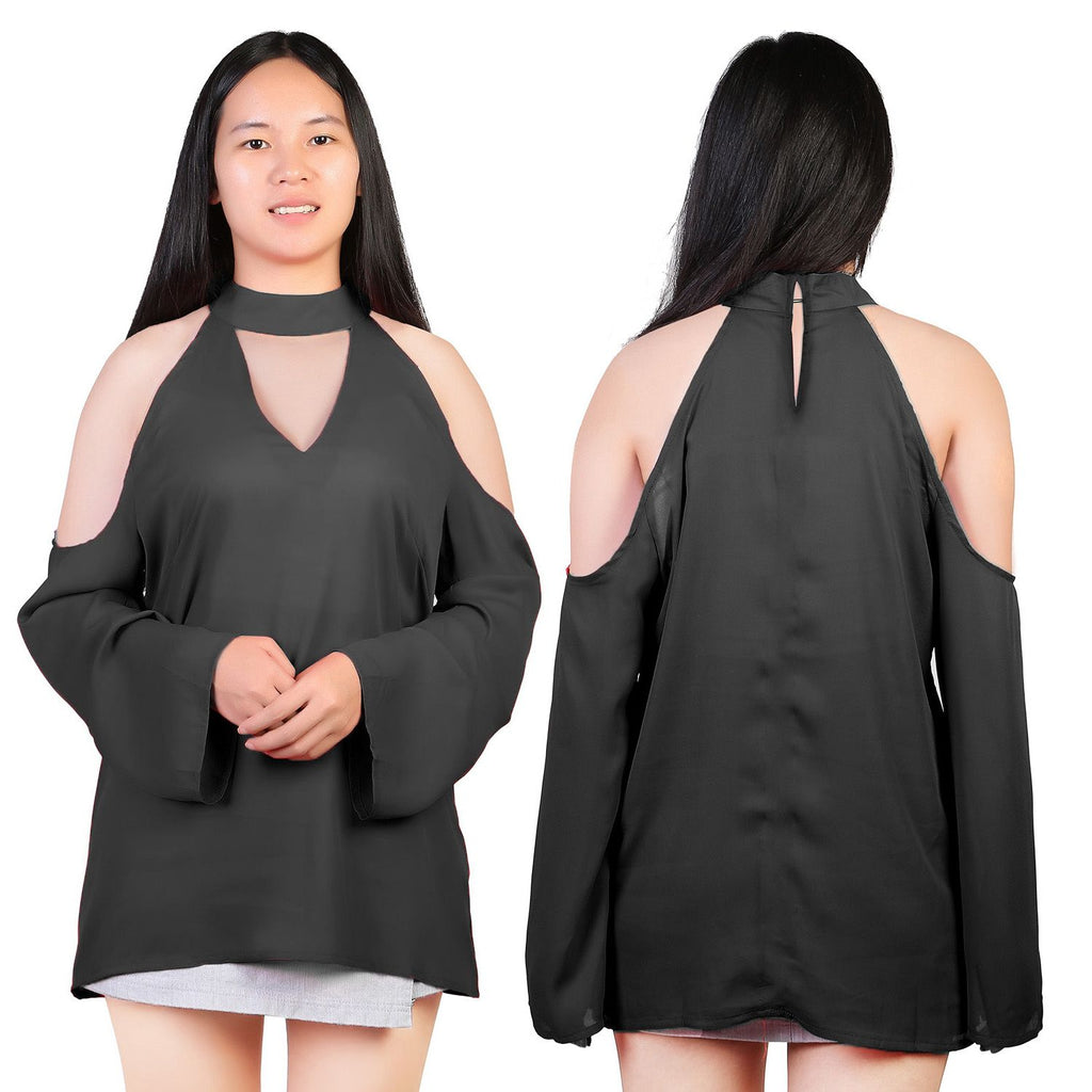 Women's Sexy Off The Shoulder Blouses Cold Shoulder Tops V-Neck Long Sleeve T-Shirt Solid Color Summer