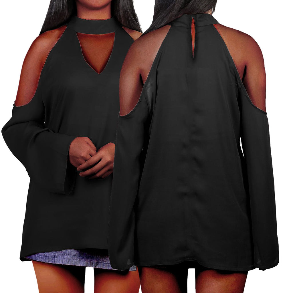 Women's Sexy Off The Shoulder Blouses Cold Shoulder Tops V-Neck Long Sleeve T-Shirt Solid Color Summer